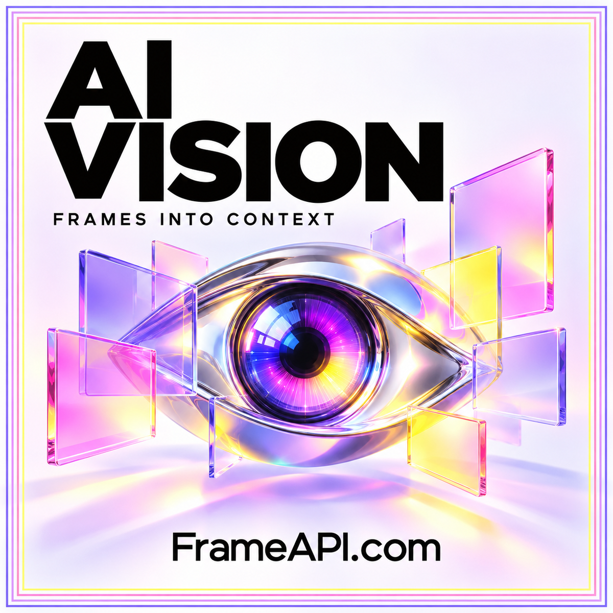 AI Vision cover with a chrome eye, colorful glass frames, and the FrameAPI.com brand label.