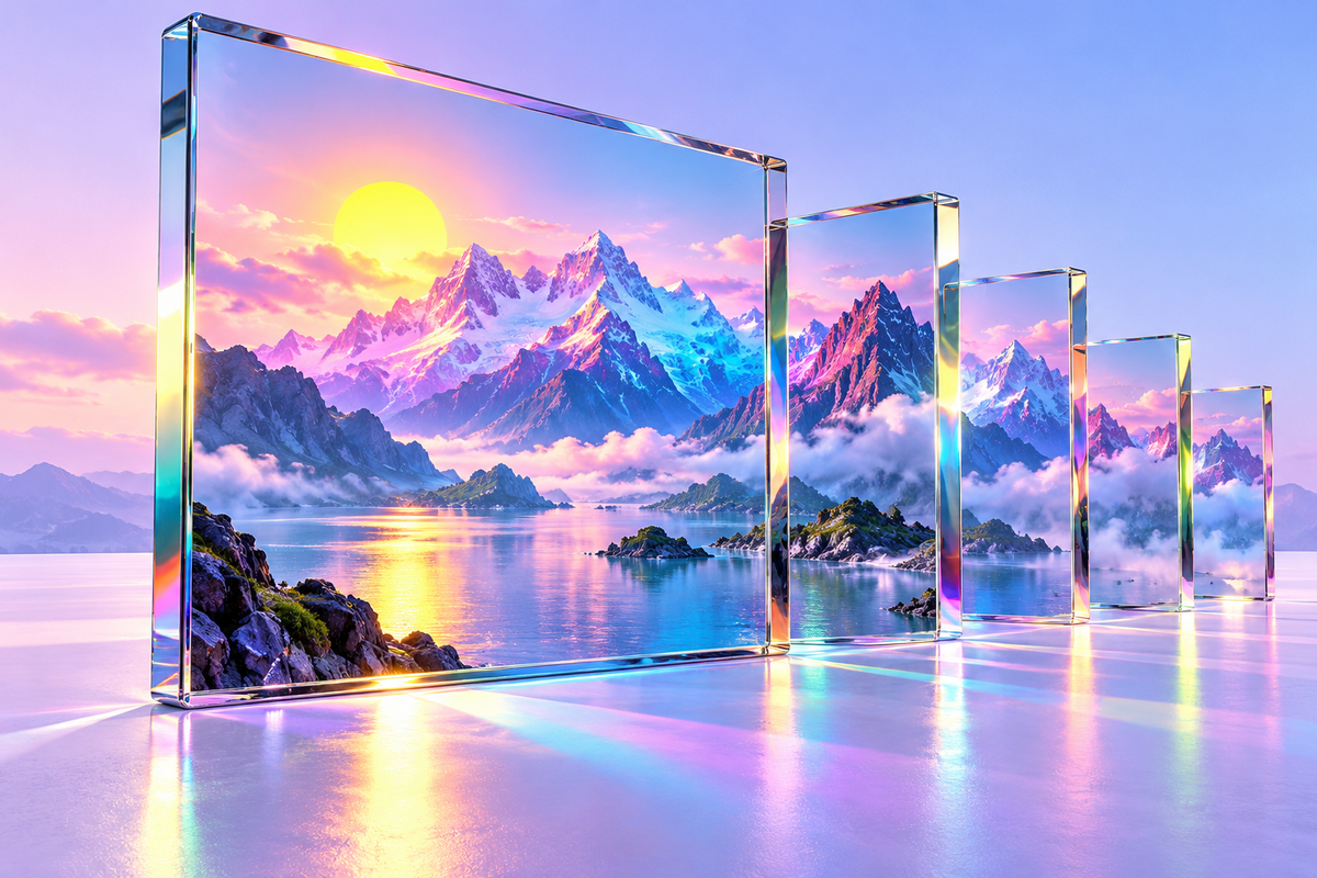 Iridescent glass frames reveal a vivid mountain landscape, a visual metaphor for frame intelligence.