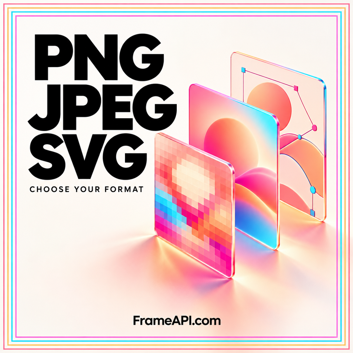 PNG JPEG SVG typography beside translucent image panels, surrounded by a rainbow pinstripe border.