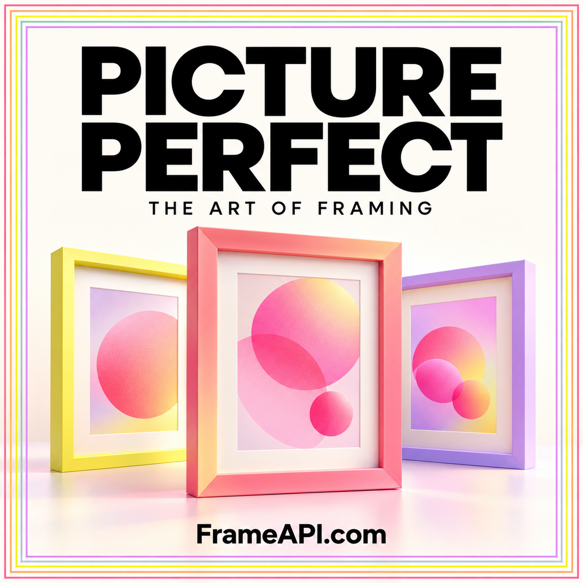 Picture Perfect cover featuring yellow, pink, and lavender picture frames with abstract circular artwork.