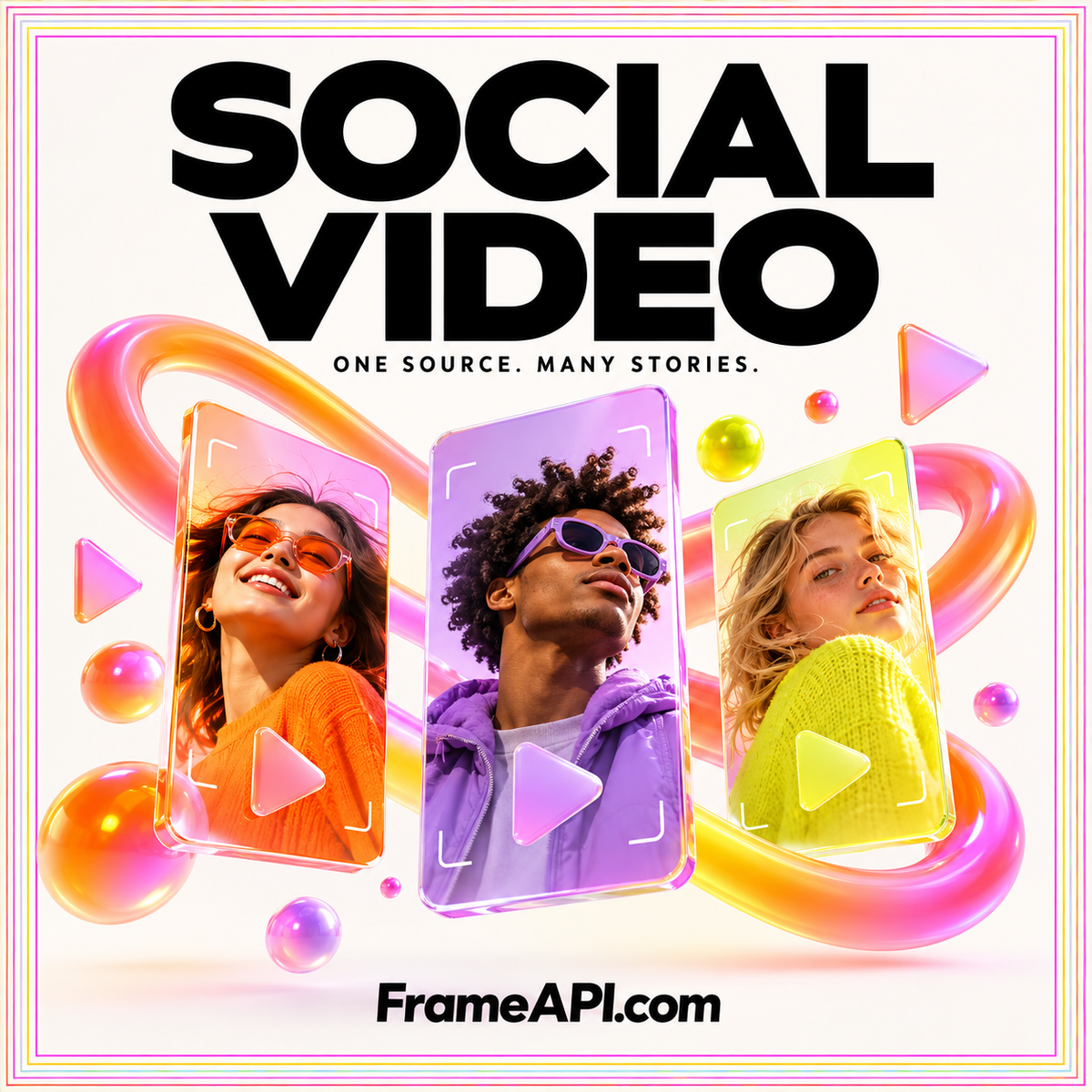 Social Video cover with three colorful portrait video panels and translucent play symbols.