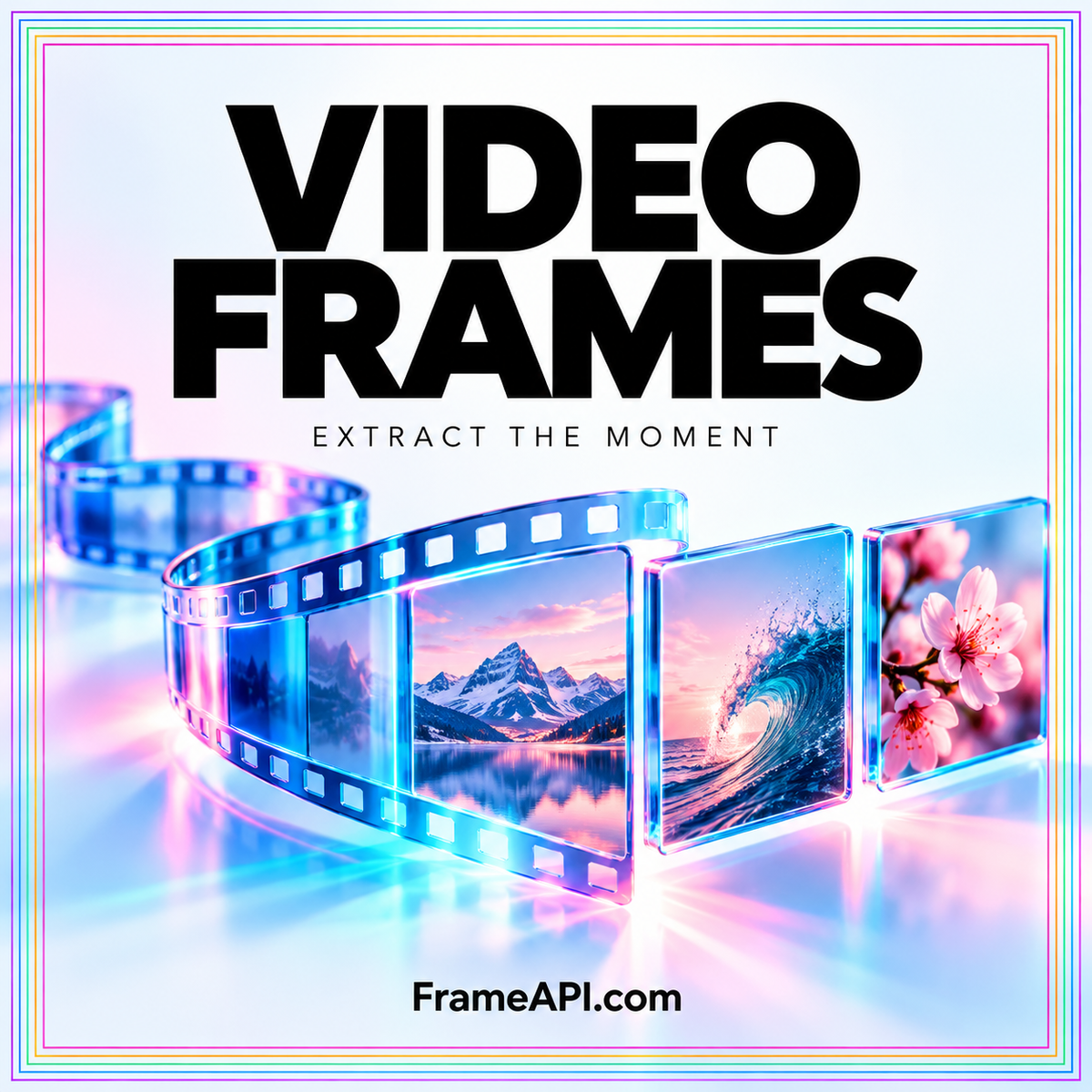 Video Frames cover featuring a luminous filmstrip with mountain, ocean, and blossom stills.