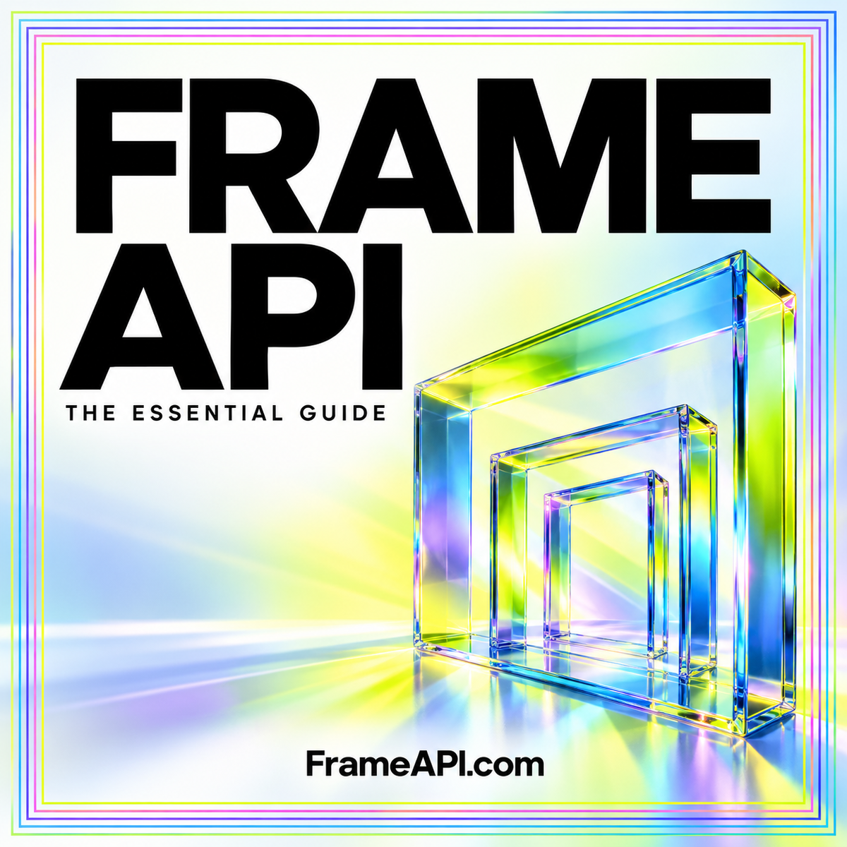 Frame API cover with bold black typography and nested iridescent glass frames, branded FrameAPI.com.
